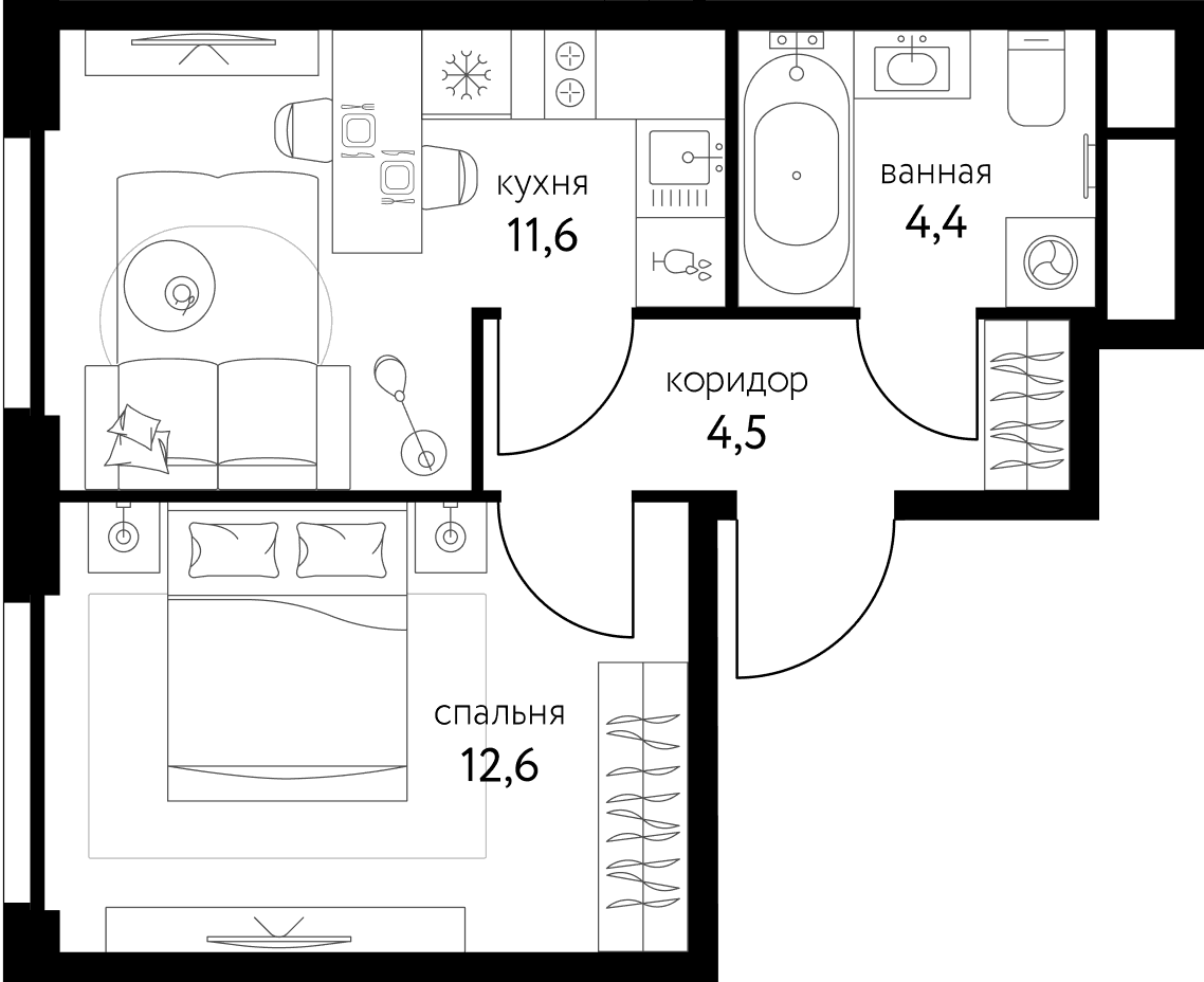 1-комнатная квартира, 33.1 м²